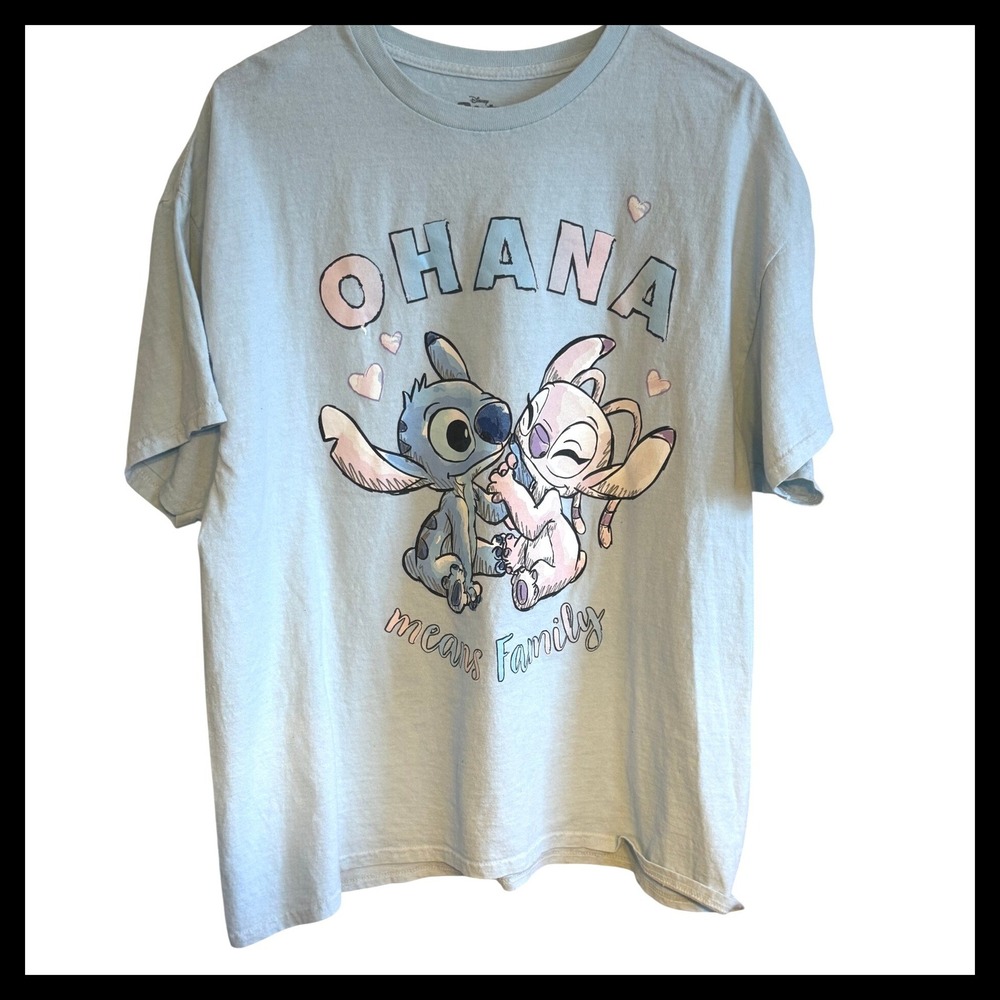 Disney Stitch Ohana Means Family T Shirt Light Blue 2X Cotton